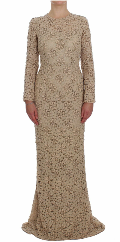 DOLCE & GABBANA DOLCE & GABBANA BEIGE FLORAL LACE LONG SLEEVE MAXI WOMEN'S DRESS