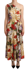 Dolce & Gabbana Print Silk Stretch One Shoulder Dress Floral In Beige