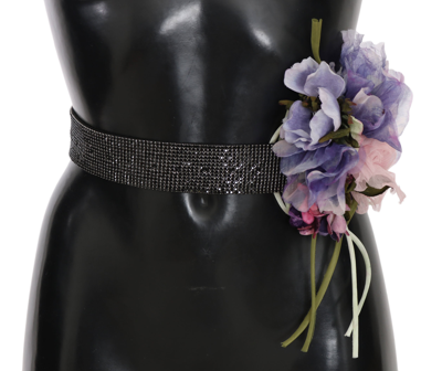Dolce & Gabbana Belt Black Crystal Brass Flower Wide Waist