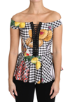 DOLCE & GABBANA DOLCE & GABBANA BLACK AND WHITE CORSET BLOUSE SICILY LEMON CHECK WOMEN'S TOP