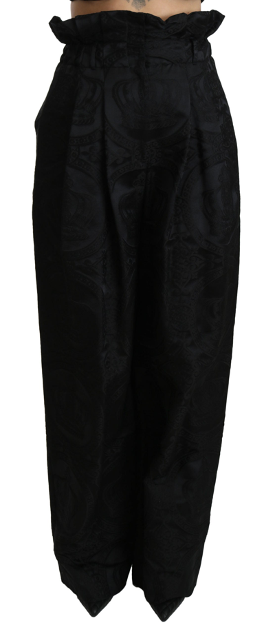 Dolce & Gabbana Black Brocade High Waist Wide Leg Cotton Pant