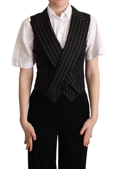 Dolce & Gabbana Black Striped Leopard Print Waistcoat Waistcoat Top