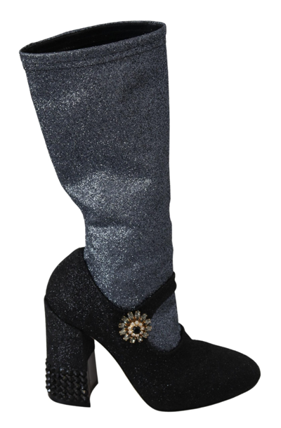 Dolce & Gabbana Black Crystal Glitter Boots Shoes