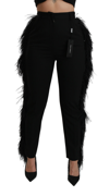 Dolce & Gabbana Black Feather Straight High Waist Wool Pants In Black