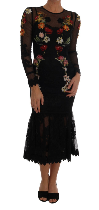 Dolce & Gabbana Black Floral Appliqué A-line Dress