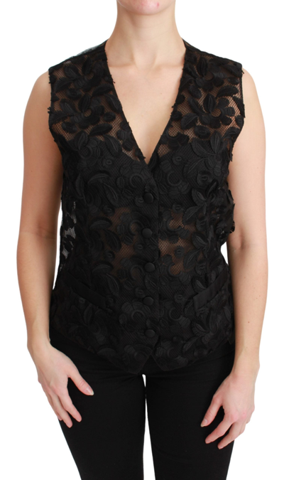 DOLCE & GABBANA DOLCE & GABBANA ELEGANT FLORAL BLACK SILK BLEND WOMEN'S VEST