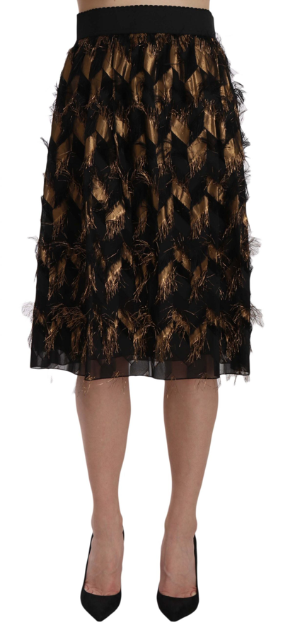 Dolce & Gabbana Black Gold Fringe Metallic Pencil A-line Women's Skirt In Gold Black