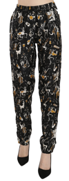 DOLCE & GABBANA DOLCE & GABBANA BLACK JAZZ CLUB PRINT HIGH WAIST TAPERED WOMEN'S PANTS