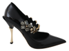 DOLCE & GABBANA DOLCE & GABBANA BLACK LEATHER CRYSTAL SHOES MARY JANE WOMEN'S PUMPS