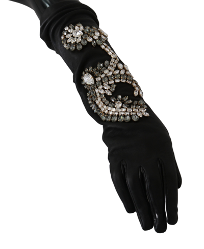 Dolce & Gabbana Black Leather Lamb Skin Crystal Gloves