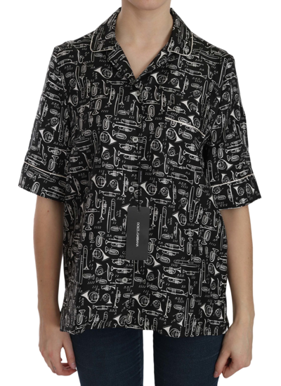Dolce & Gabbana Black Musical Instrument Collared Blouse Shirt
