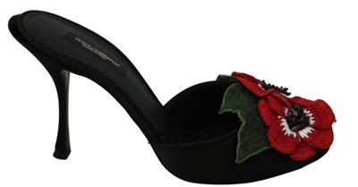 Dolce & Gabbana Black Red Roses Heels Slides Sandals