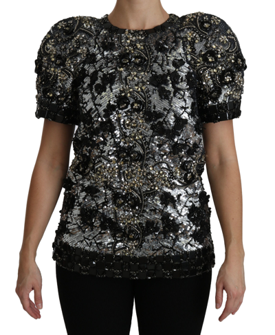 Dolce & Gabbana Black Sequined Crystal Embellished Top Blouse In Silver