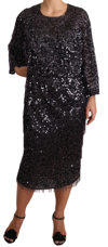 Dolce & Gabbana Black Sequined Long Sleeve Shift Midi Dress In Black