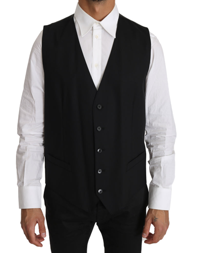 Dolce & Gabbana Black Solid Wool Stretch Waistcoat Waistcoat