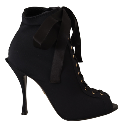 Dolce & Gabbana Black Stiletto Heels Lace Up Boots Shoes In Multi