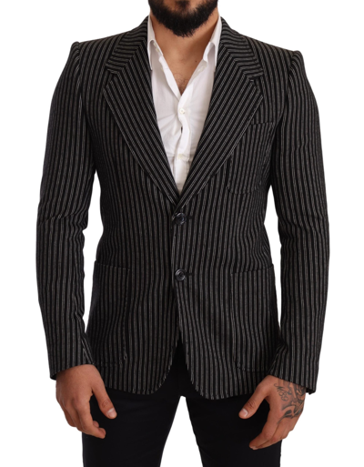 Dolce & Gabbana Black Striped Slim Fit Wool Coat Blazer