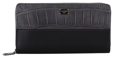 Dolce & Gabbana Black Zip Around Continental Clutch Leather Wallet In Black And Grey