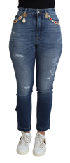 Dolce & Gabbana Blue Crystal Embellished Slim Fit Pants Jeans In Blue