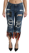 Dolce & Gabbana Blue Feathers Low Waist Cropped Cotton Jeans In Blue