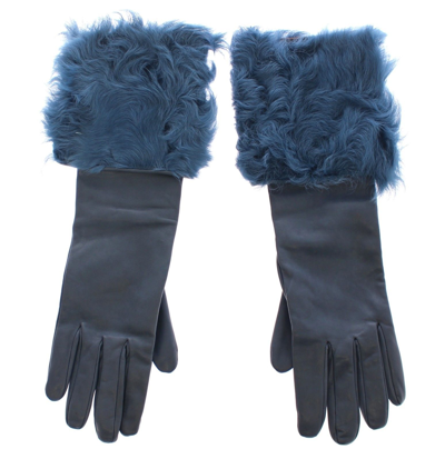 Dolce & Gabbana Blue Lambskin Leather Fur Logo Wrist Gloves