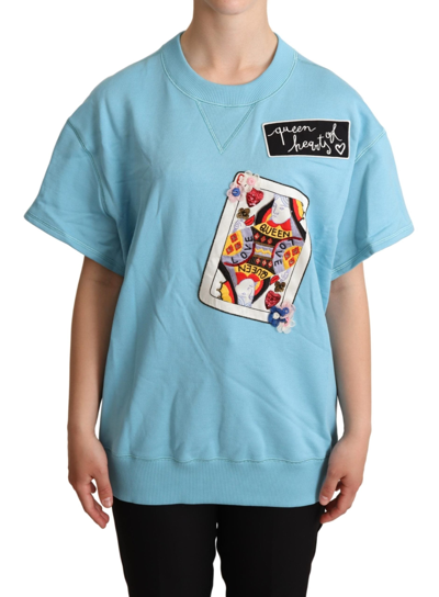 Dolce & Gabbana Blue Queen Of Hearts Card Jumper T-shirt In Light-blue