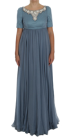 Dolce & Gabbana Blue Silk Crystal Sheath Gown Ball Dress In Blue