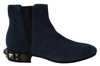 Dolce & Gabbana Blue Suede Embellished Studded Boots Shoes In Blue