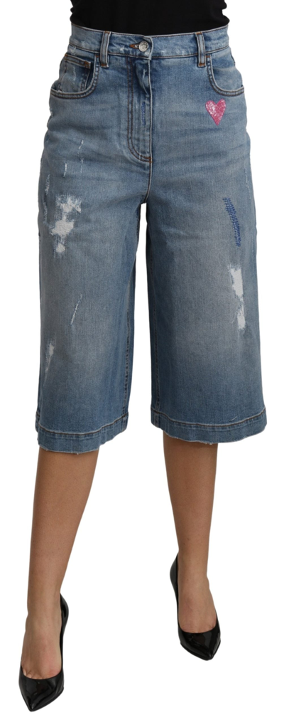Dolce & Gabbana Blue Wide Leg Cropped Mid Waist Cotton Jeans