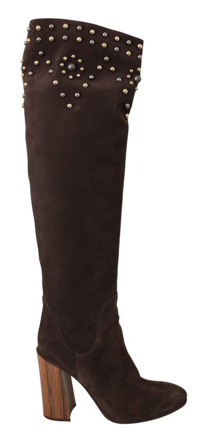 Dolce & Gabbana Brown Suede Studded Knee High Shoes Boots In Gray