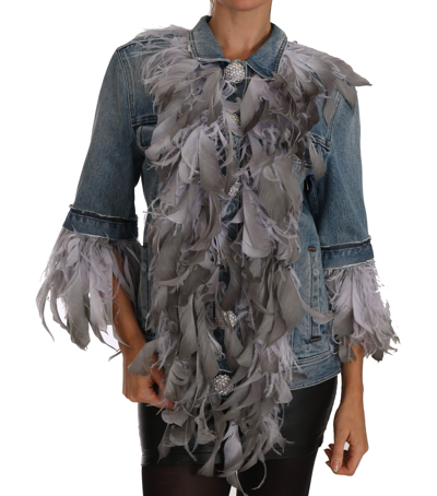 Dolce & Gabbana Denim Jacket Feathers Embellished Buttons In Blue