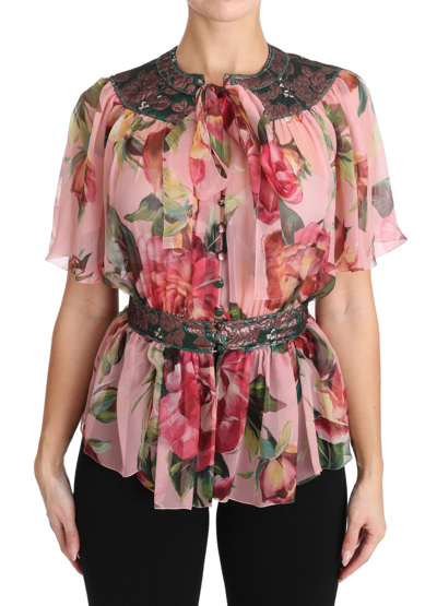 Dolce & Gabbana Floral Print Silk Shirt With Pussy Bow Rose In Pink