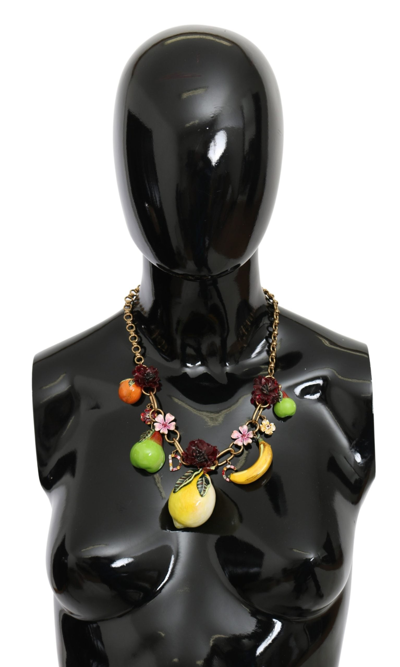 Dolce & Gabbana Fruit Pendants Flowers Crystal Dg Logo Gold Brass Necklace In Green
