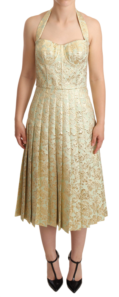 Dolce & Gabbana Gold Green Floral Jacquard Halter Midi Dress | ModeSens