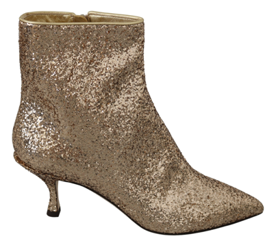 Dolce & Gabbana Gold Sequined Glitter Ankle Booties Shoes