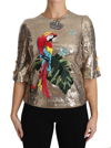 DOLCE & GABBANA DOLCE & GABBANA GOLD SEQUINED PARROT CRYSTAL WOMEN'S BLOUSE