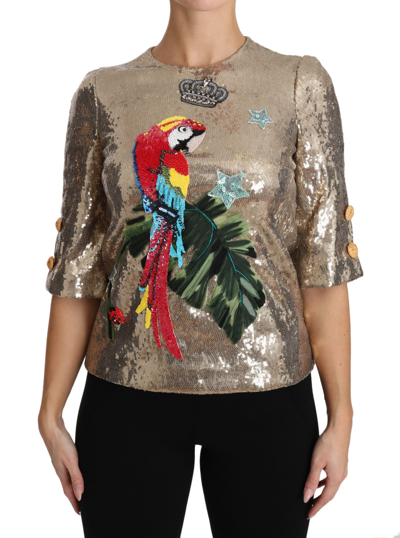 Dolce & Gabbana Gold Sequined Parrot Crystal Women's Blouse