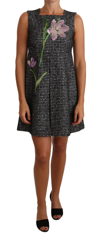 DOLCE & GABBANA DOLCE & GABBANA GRAY HOUNDSTOOTH FLORAL APPLIQUÉ SHIFT MINI WOMEN'S DRESS