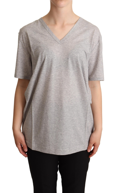 Dolce & Gabbana Grey Solid 100% Cotton V-neck Top T-shirt