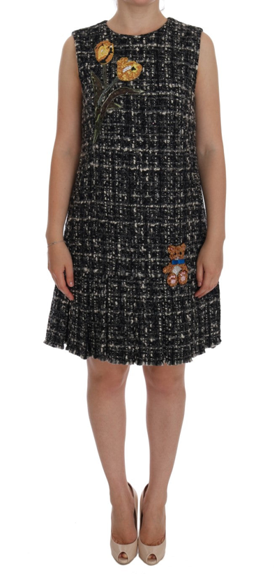 Dolce & Gabbana Gray Wool Short Crystal Teddy Bear Dress