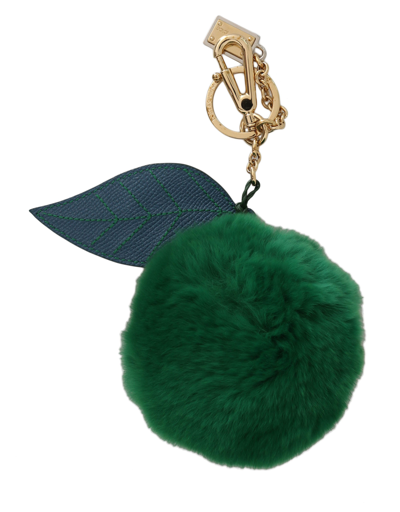 Dolce & Gabbana Green Leather Fur Gold Clasp Keyring Women Keychain