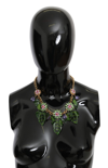 Dolce & Gabbana Green Leaves Gold Brass Crystal Flower Pendant Necklace In Gold
