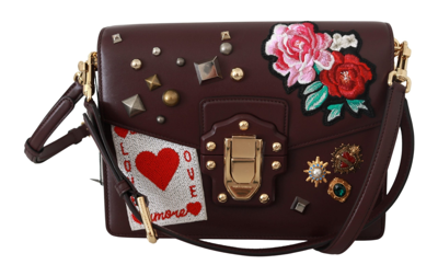 Dolce & Gabbana Lucia Leather Burgundy Jewelled Shoulder Women Bag In Black