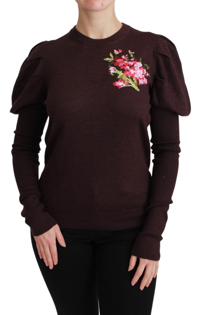 Dolce & Gabbana Maroon Floral Wool Pullover Sweater In Bordeaux
