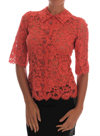 DOLCE & GABBANA DOLCE & GABBANA ORANGE CRYSTAL BUTTONS FLORAL LACE WOMEN'S BLOUSE