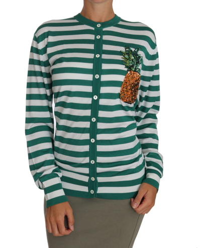Dolce & Gabbana Pineapple Embellished Cardigan Striped Sweater In Green