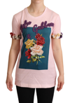 DOLCE & GABBANA DOLCE & GABBANA PINK COTTON FLORAL ROSES CREWNECK WOMEN'S T-SHIRT