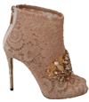 Dolce & Gabbana Pink Crystal Lace Booties Stilettos Shoes In Pink