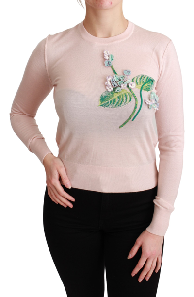 Dolce & Gabbana Floral-appliquéd Intarsia Cashmere And Silk-blend Jumper In Pink