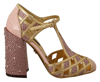 DOLCE & GABBANA DOLCE & GABBANA PINK GOLD LEATHER CRYSTAL PUMPS T-STRAP WOMEN'S SHOES
